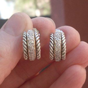 Retired David Yurman Cable Classic Diamond Hoop Earrings - 18K/925 - DY Backs